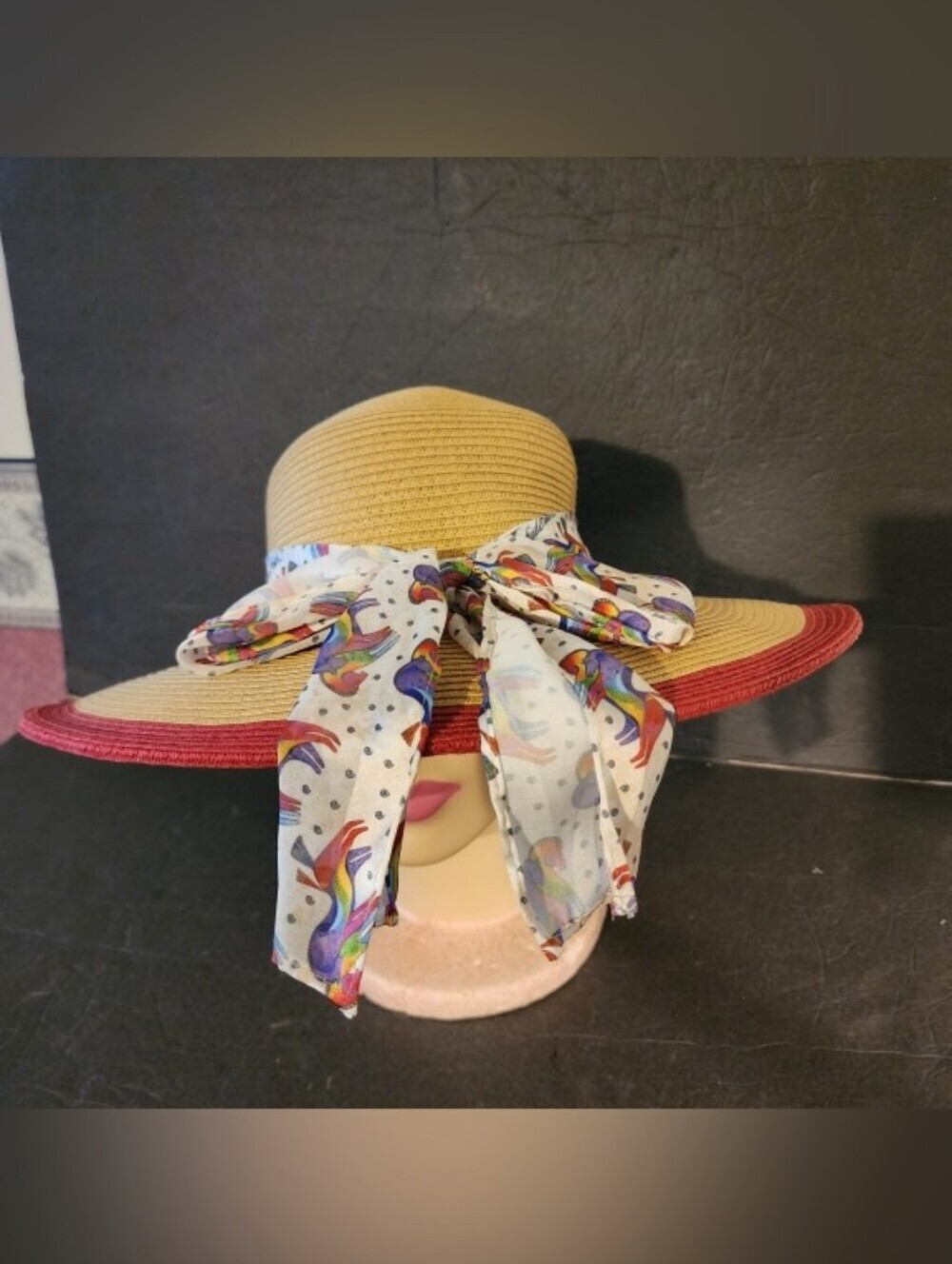 Laurel Burch Rare Vintage Wide-Brim Straw Sun Hat Whimsical Rainbow Horses
